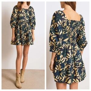 ba&sh Navy and Cream Winny Leaf-Print Mini Dress